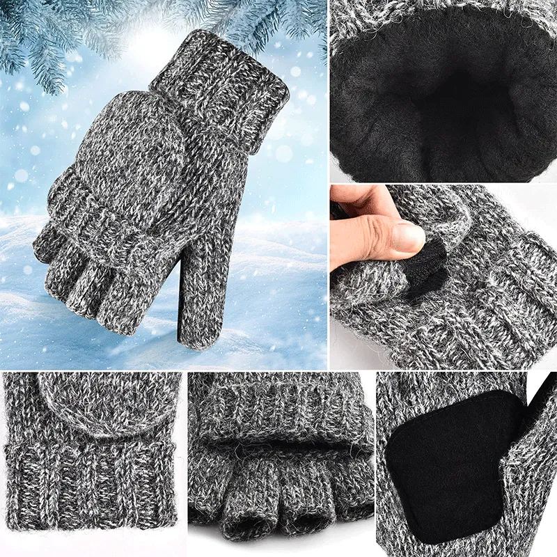 Adults Wool Knitting Winter Gloves Fingerless Convertible Wool Men Women Mittens Lightweight