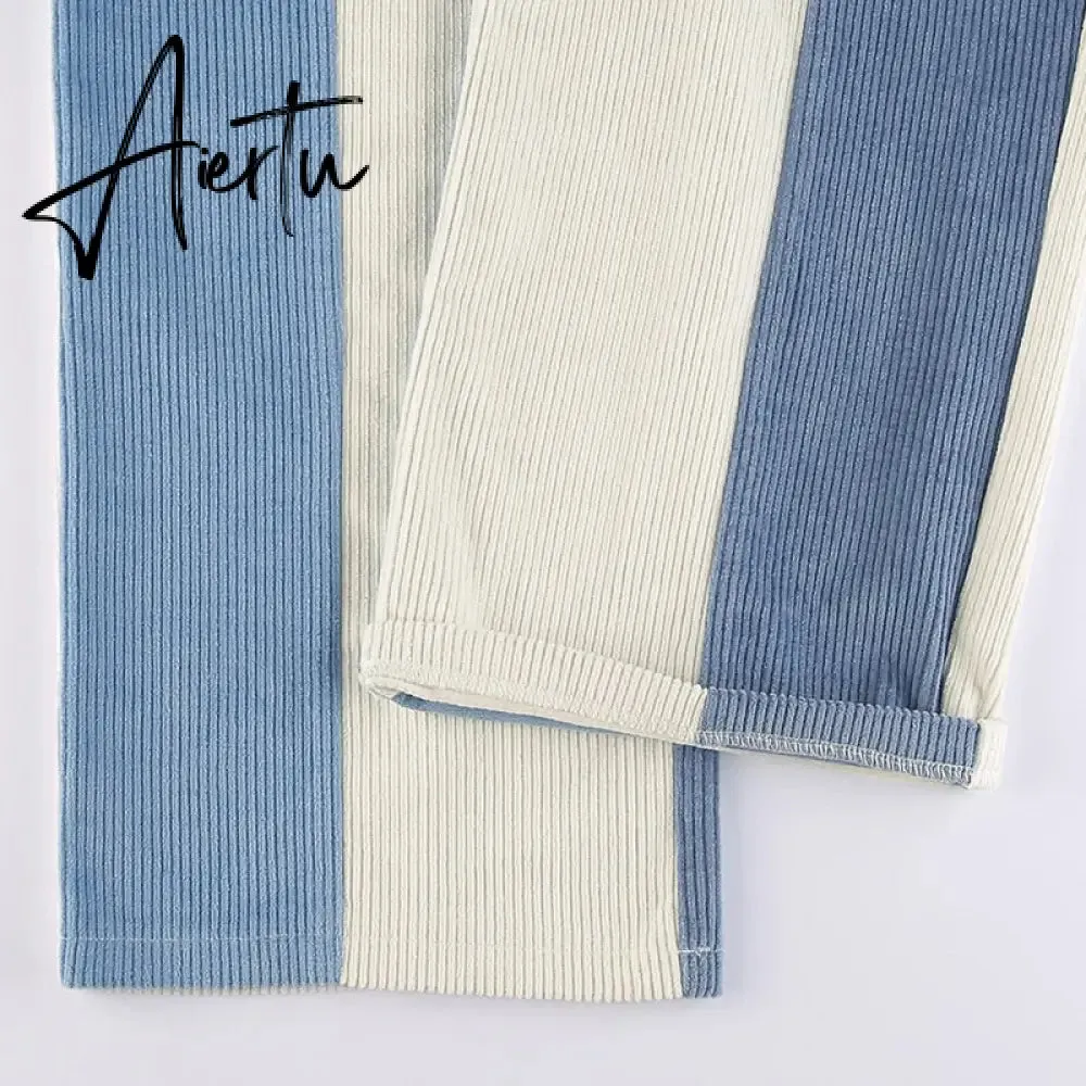 Aiertu  Patchwork Casual Corduroy High Waist Pants 2000s Aesthetic Autumn Warm Long Trousers Skinny Streetwear Sweatpants 90s