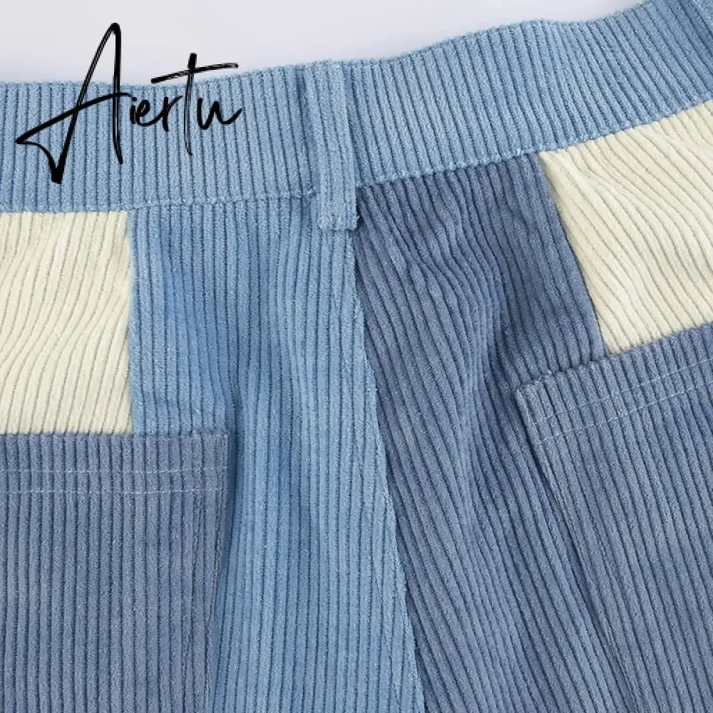 Aiertu  Patchwork Casual Corduroy High Waist Pants 2000s Aesthetic Autumn Warm Long Trousers Skinny Streetwear Sweatpants 90s