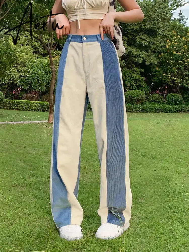 Aiertu  Patchwork Casual Corduroy High Waist Pants 2000s Aesthetic Autumn Warm Long Trousers Skinny Streetwear Sweatpants 90s