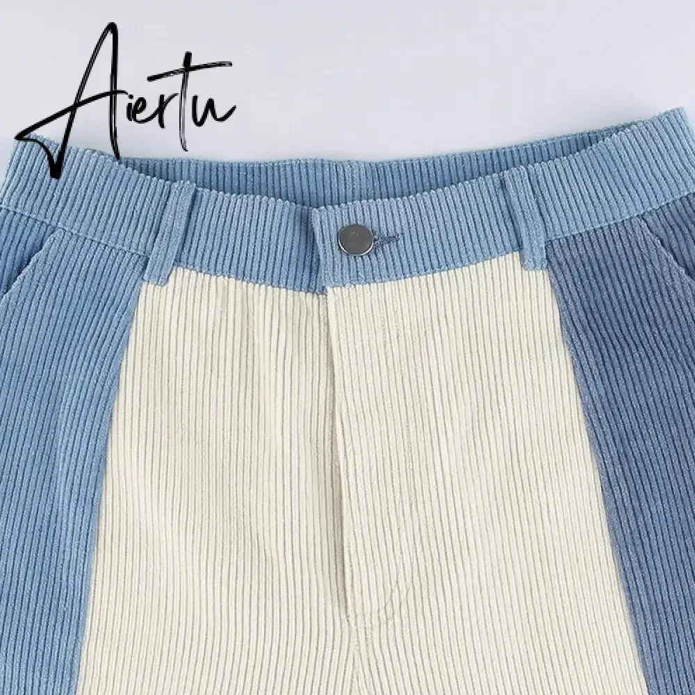 Aiertu  Patchwork Casual Corduroy High Waist Pants 2000s Aesthetic Autumn Warm Long Trousers Skinny Streetwear Sweatpants 90s