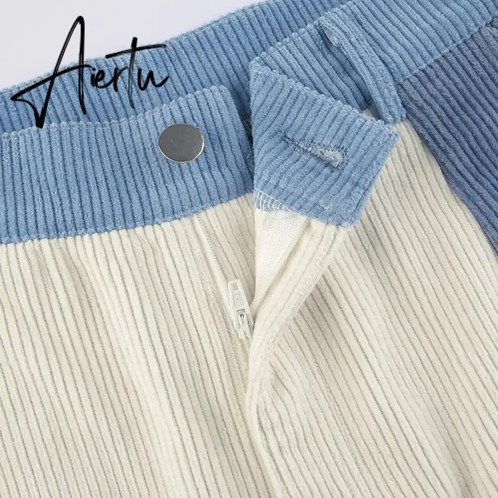 Aiertu  Patchwork Casual Corduroy High Waist Pants 2000s Aesthetic Autumn Warm Long Trousers Skinny Streetwear Sweatpants 90s