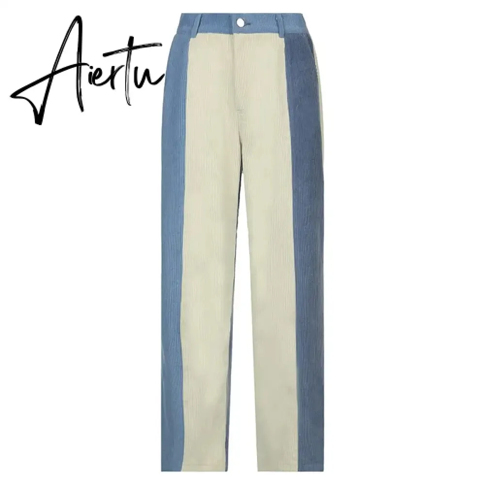 Aiertu  Patchwork Casual Corduroy High Waist Pants 2000s Aesthetic Autumn Warm Long Trousers Skinny Streetwear Sweatpants 90s