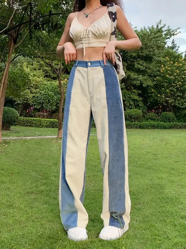 Aiertu  Patchwork Casual Corduroy High Waist Pants 2000s Aesthetic Autumn Warm Long Trousers Skinny Streetwear Sweatpants 90s
