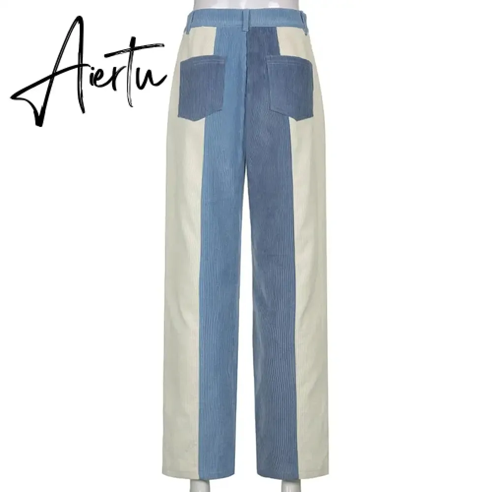 Aiertu  Patchwork Casual Corduroy High Waist Pants 2000s Aesthetic Autumn Warm Long Trousers Skinny Streetwear Sweatpants 90s