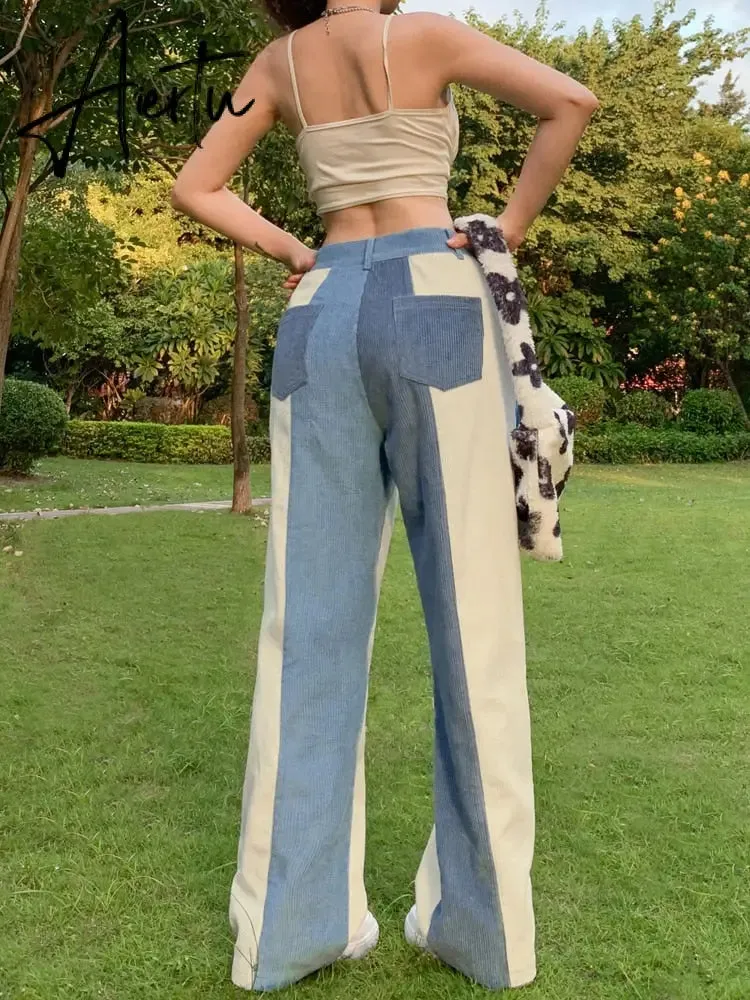 Aiertu  Patchwork Casual Corduroy High Waist Pants 2000s Aesthetic Autumn Warm Long Trousers Skinny Streetwear Sweatpants 90s