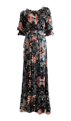 Beautiful 100% Silk Charmeuse Italian Ruffle Two-Ways Cold Shoulder Maxi Dress Coral & Turq on blackUK Size 8-12 by I LOVE LOLA London