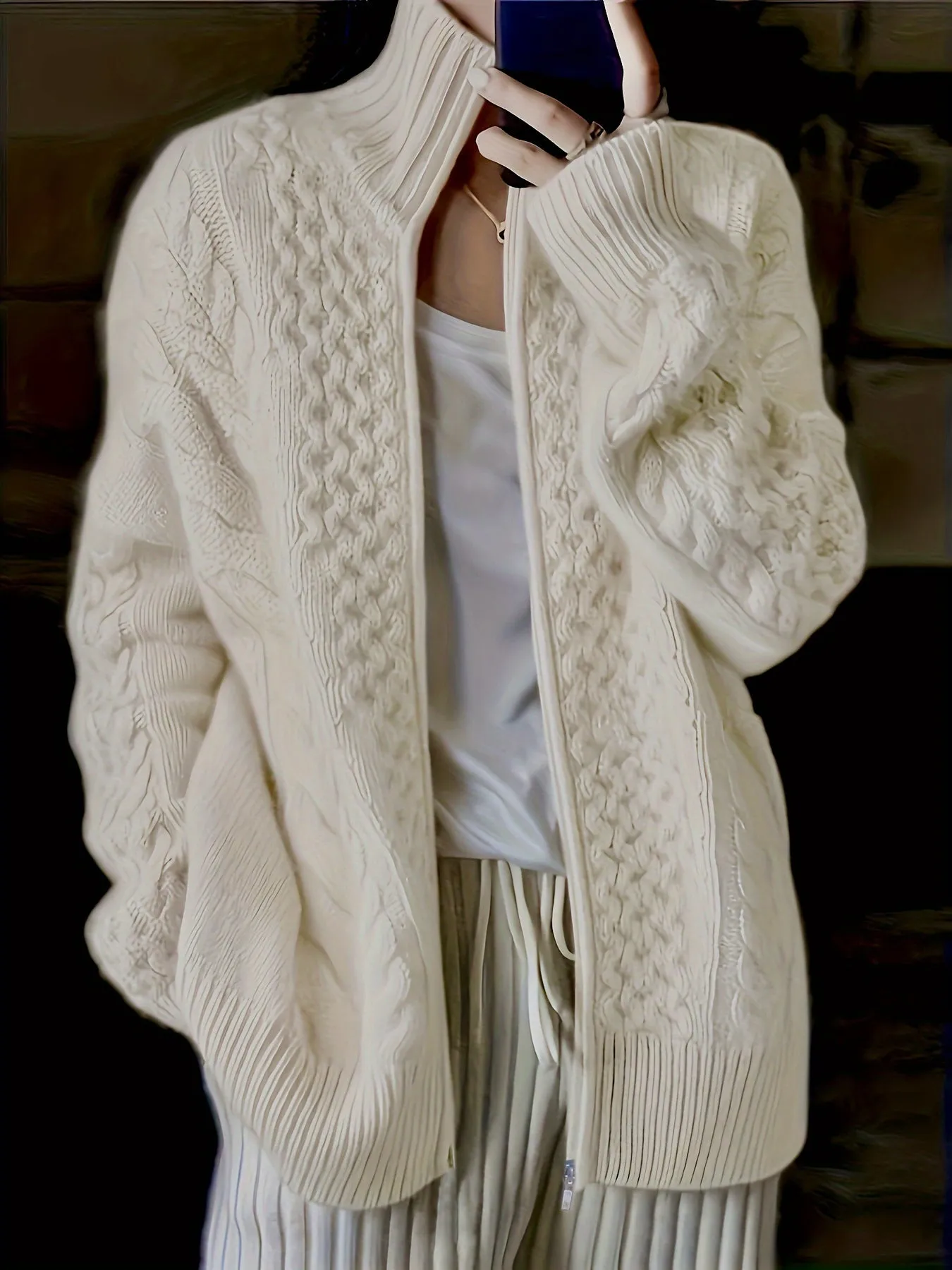 High Neck CableKnit ZipUp Cardigan for Plus Size Women