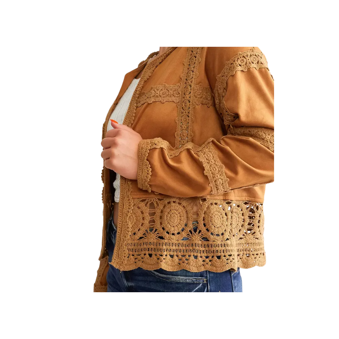 Miss Me Woman's Faux Suede Crochet Open Cardigan