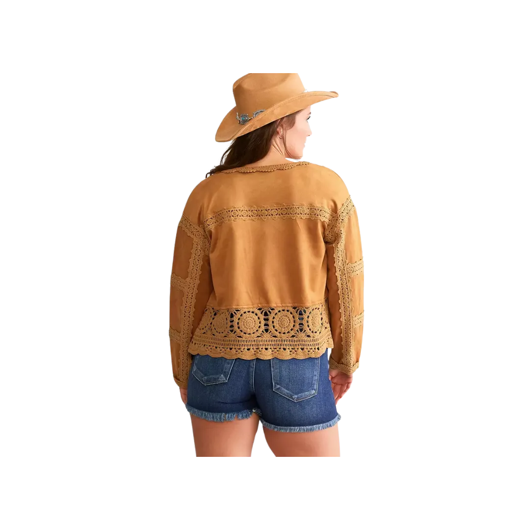 Miss Me Woman's Faux Suede Crochet Open Cardigan