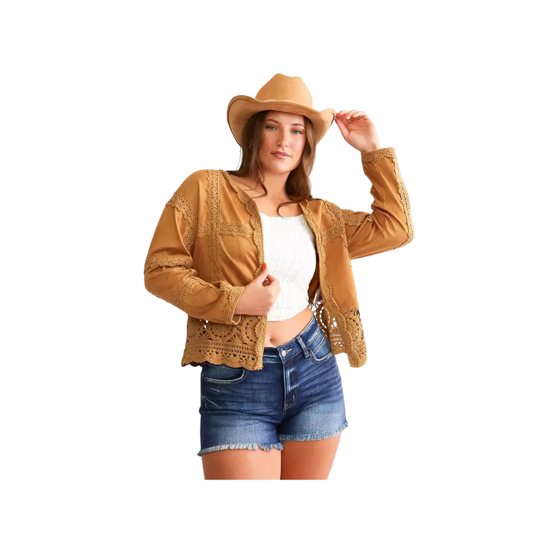 Miss Me Woman's Faux Suede Crochet Open Cardigan