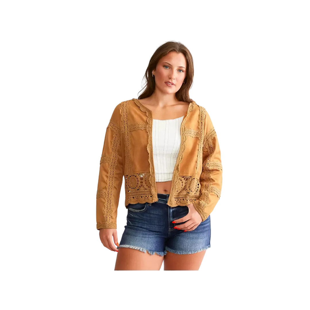 Miss Me Woman's Faux Suede Crochet Open Cardigan
