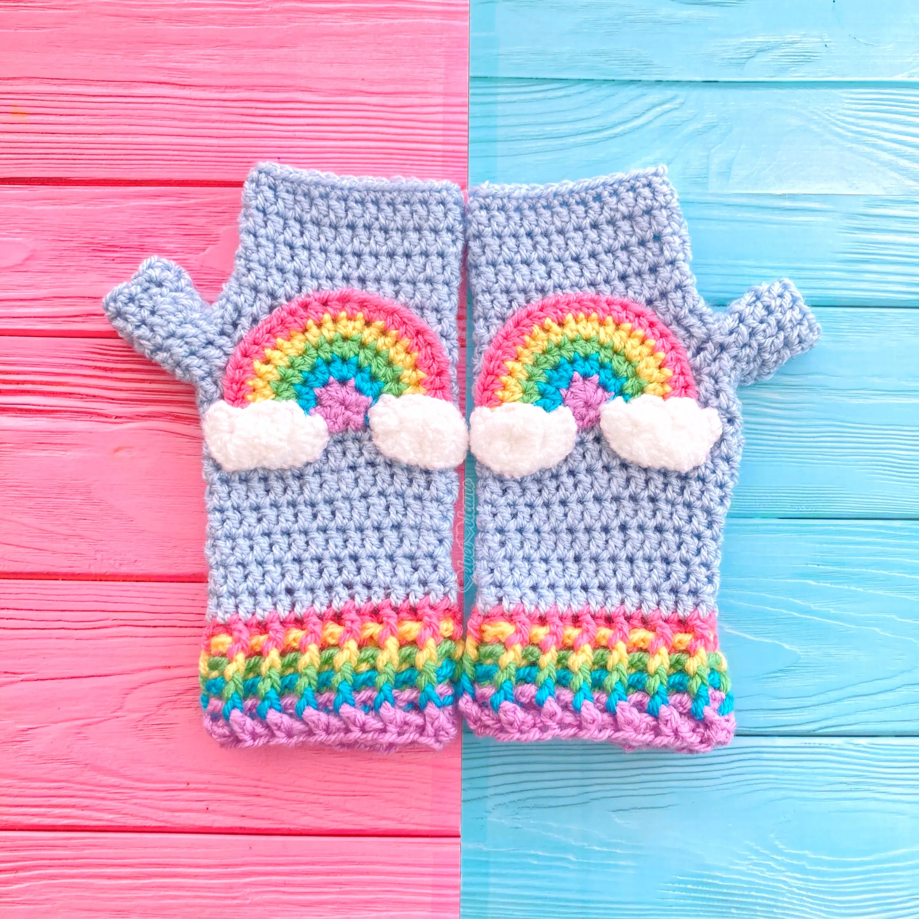 Pastel Rainbow Cloud Fingerless Gloves (Duck Egg Blue)