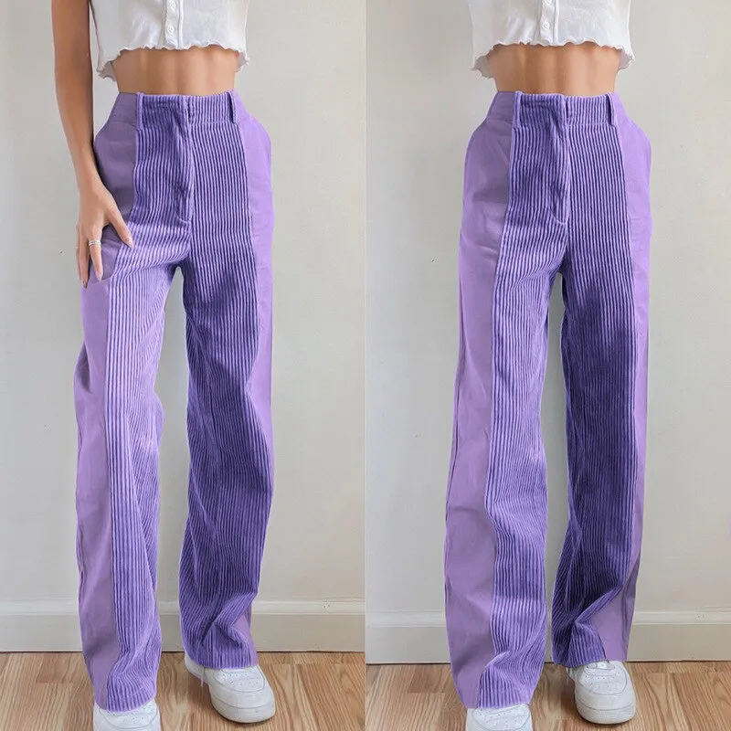 Purpdrank - 2023 Spring Women Pants Fashion Contrast Color Corduroy Long Straight Trousers Streetwear Y2K Ladies Bottoms