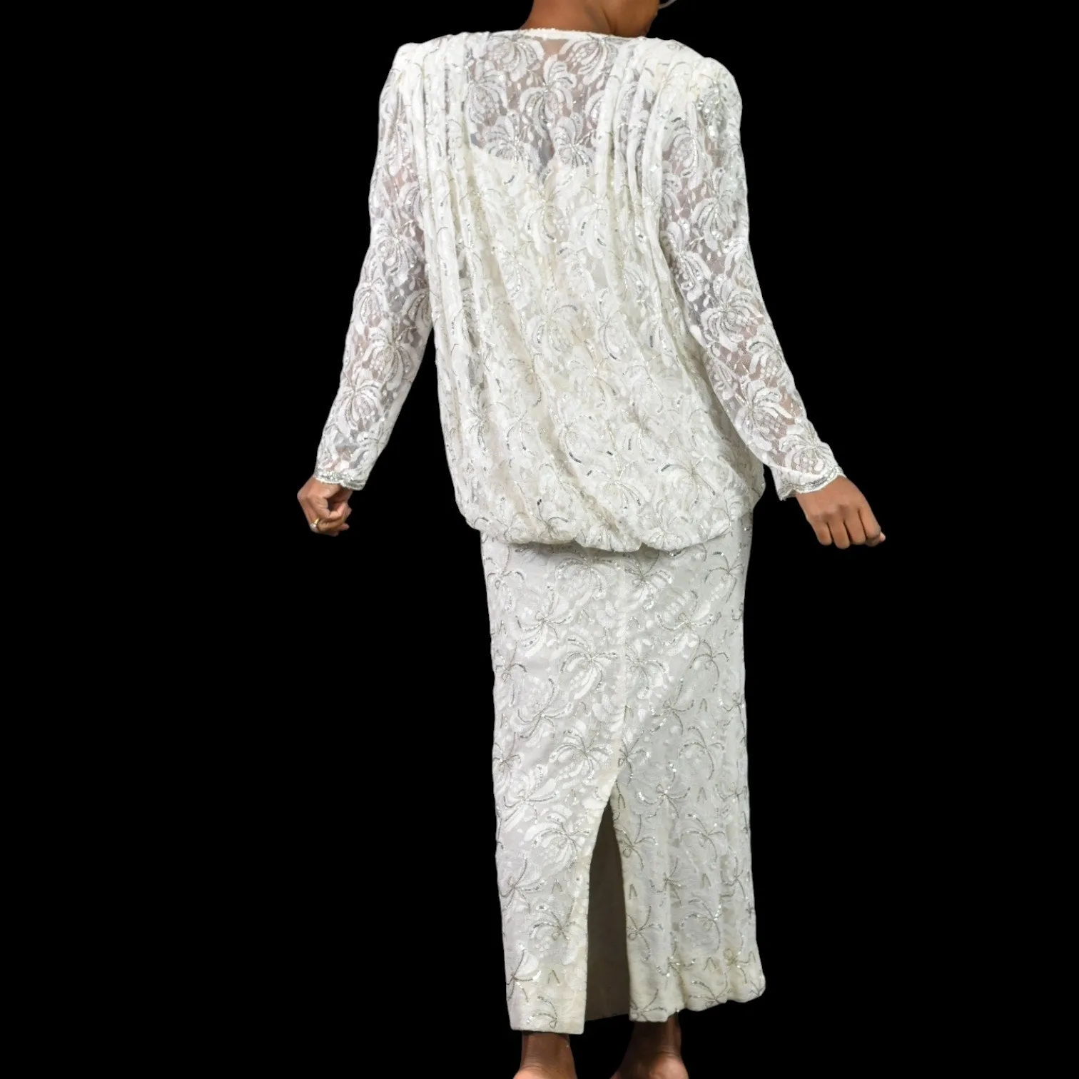 Vintage Beaded Lace Dress White 80s Sequin Long Maxi Blouson Column Handmade Bespoke Shoulder Pads Small