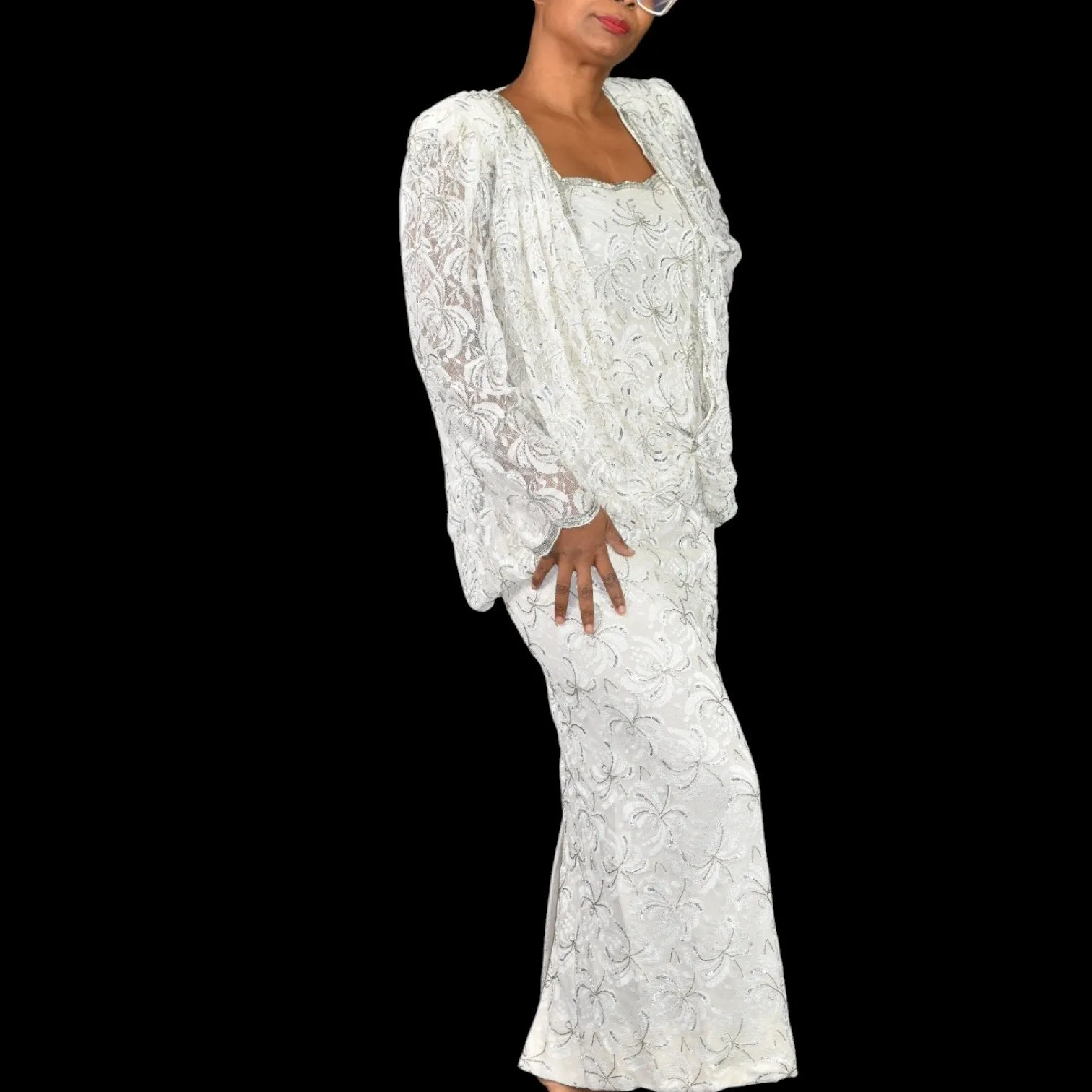 Vintage Beaded Lace Dress White 80s Sequin Long Maxi Blouson Column Handmade Bespoke Shoulder Pads Small