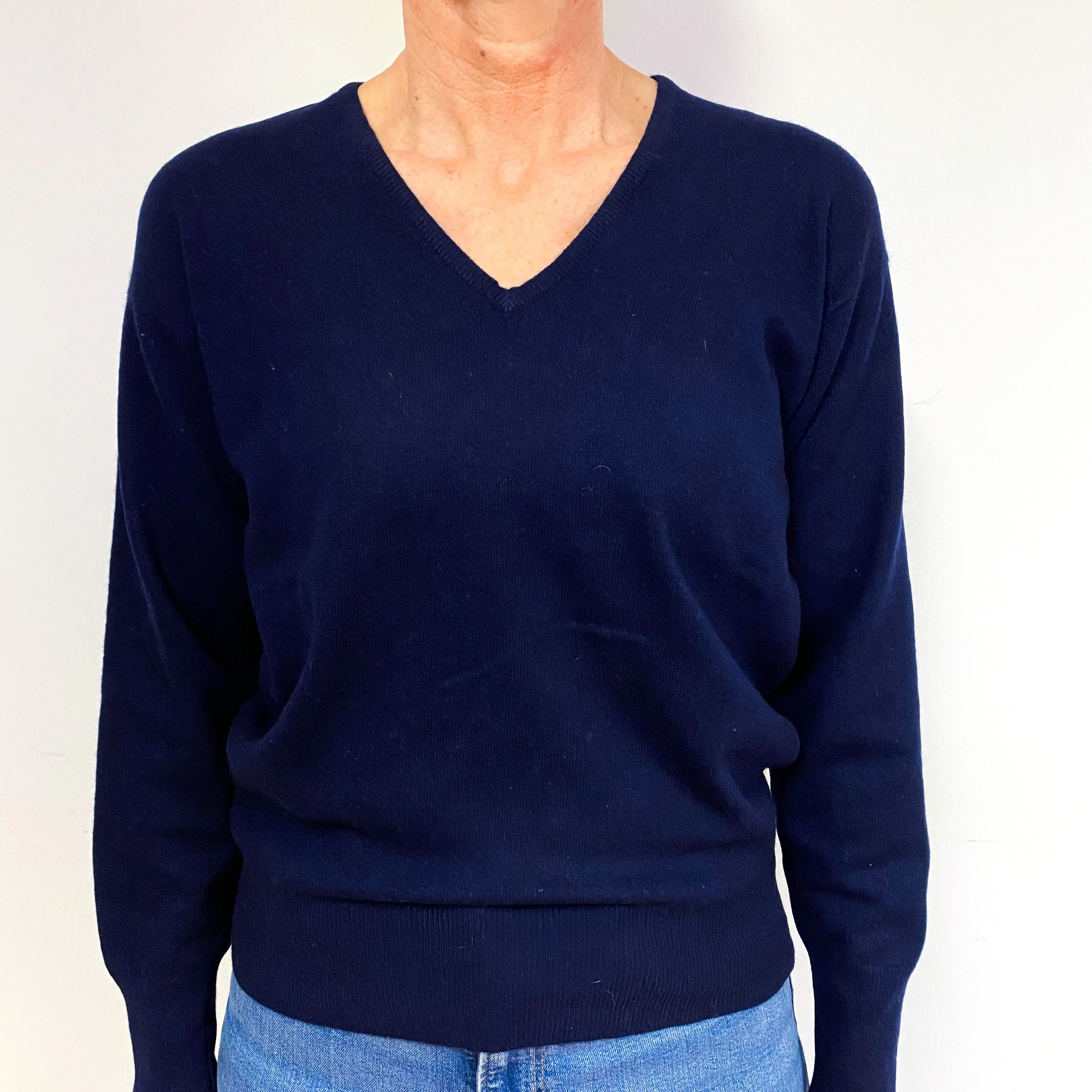 Vintage Navy Blue Cashmere V-Neck Jumper Medium