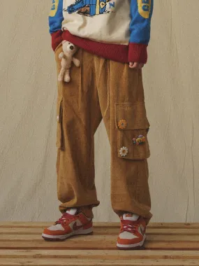 Wenkouban Japanese Streetwear Corduroy Pants Women Vintage Brown Cargo Pants Pockets Oversized Korean Style Wide Leg Trousers Female