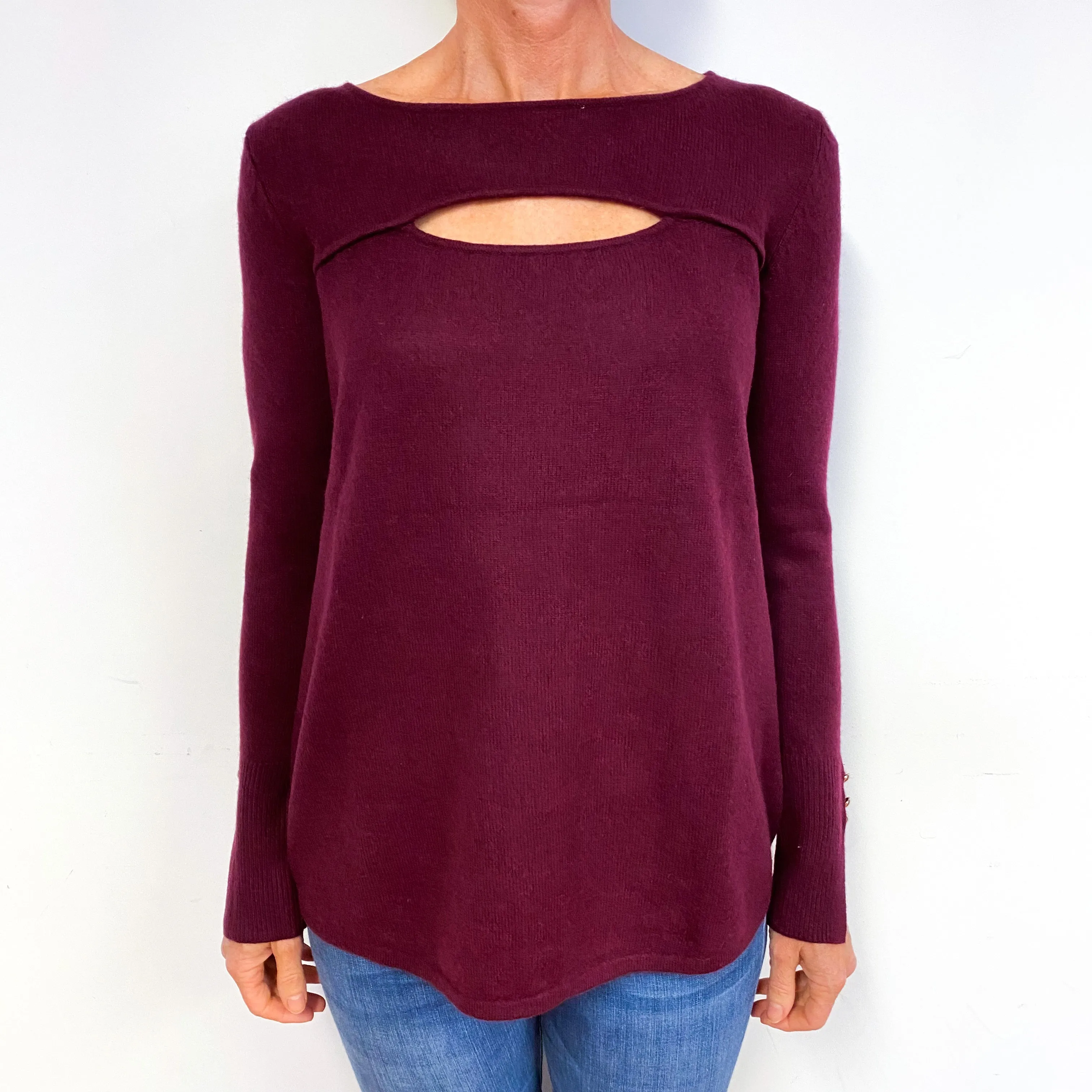 Wine Red Cut Out Cashmere Crew Neck Jumper Medium